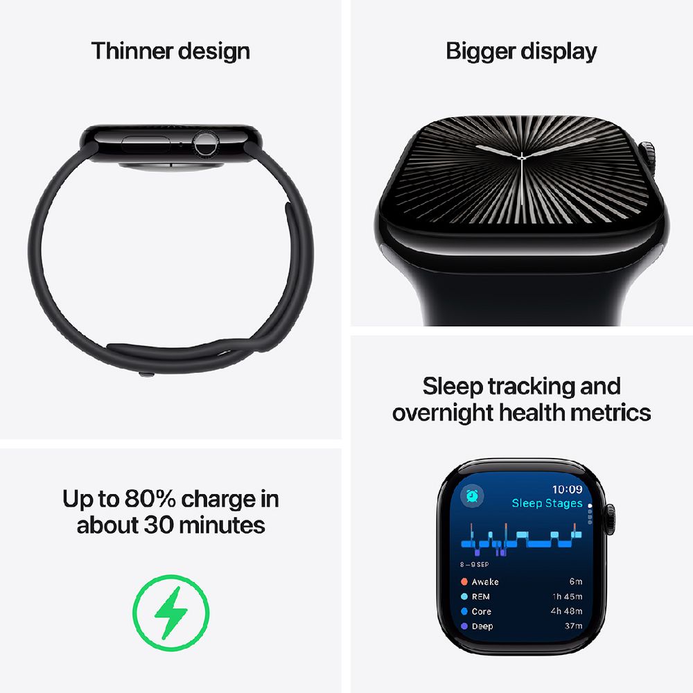 Apple Watch Series 10 GPS + Cellular (46mm) - Sport Band - Aluminium Case (M/L) - Jet Black