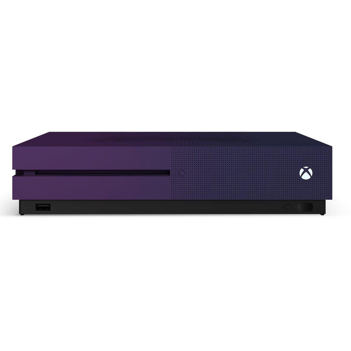 A Xbox One S console with a purple gradient skin, shown from the front against a plain white background.
