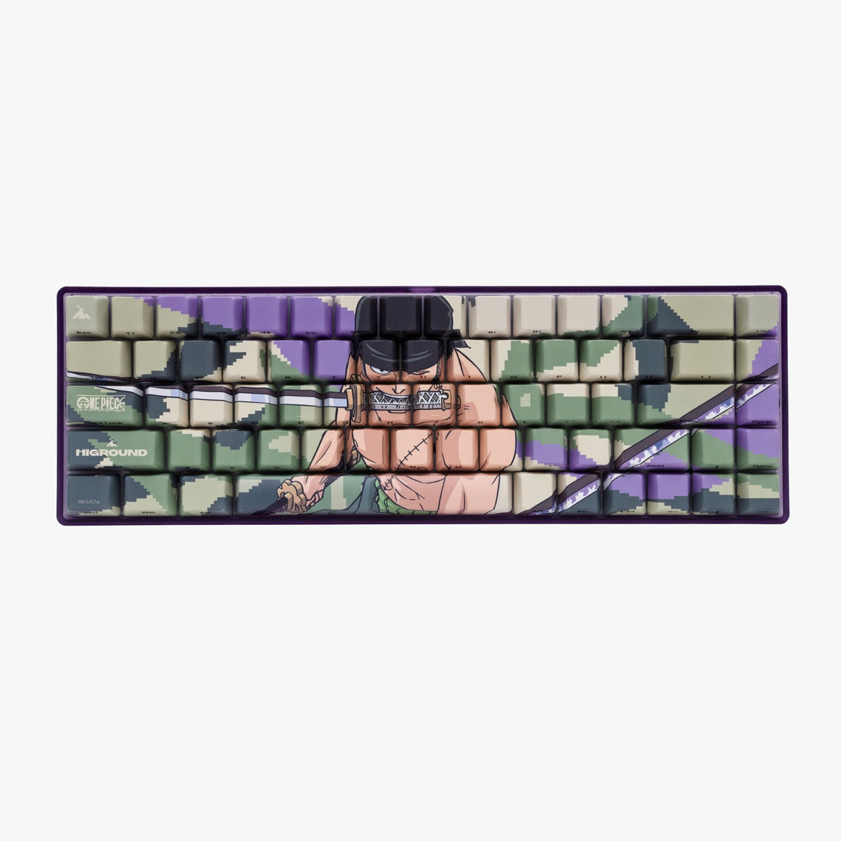 Front of the Higround x One Piece Basecamp 65HE keyboard, Zoro Edition