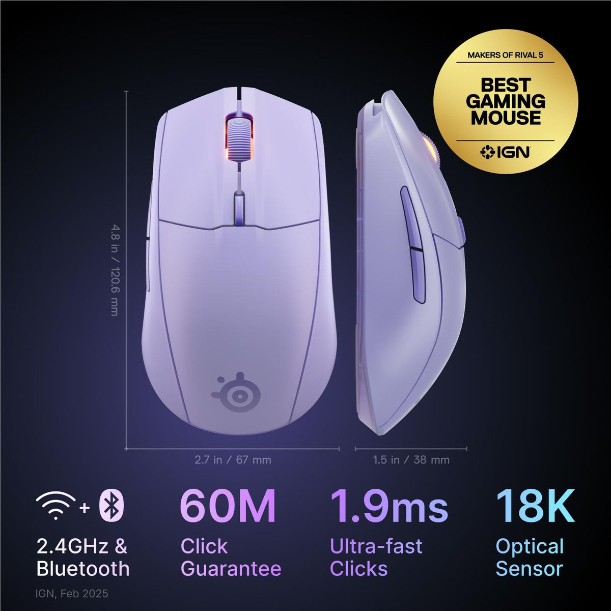 SteelSeries Rival 3 Wireless Gen 2 lavender gaming mouse, view 2